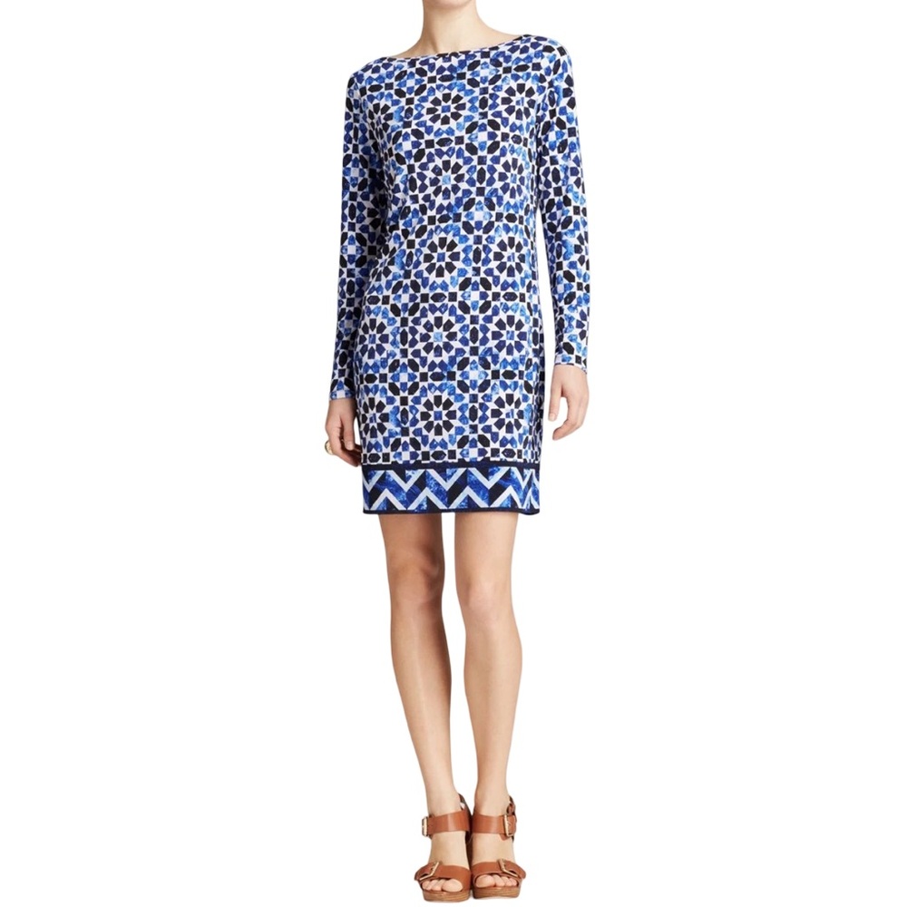 NWT MICHAEL Michael Kors "Amalfi Blue" Geometric Patterned LS Sheath Dress